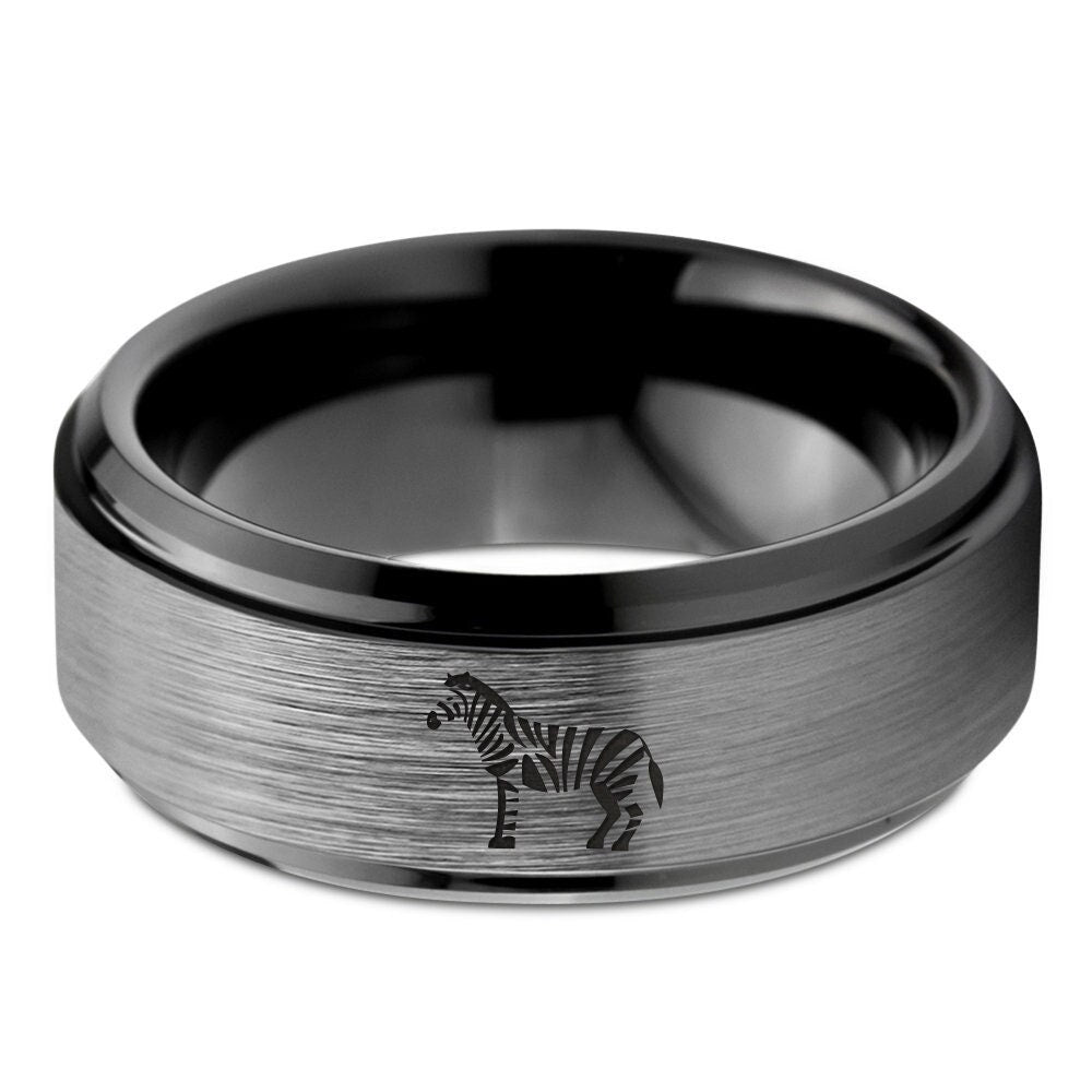 African Animal Zebra Ring - Laser Marking Wedding Rings - Black Tungsten Ring Men - Silver Gray Brushed Ring - Husband Wife Gifts For Couple