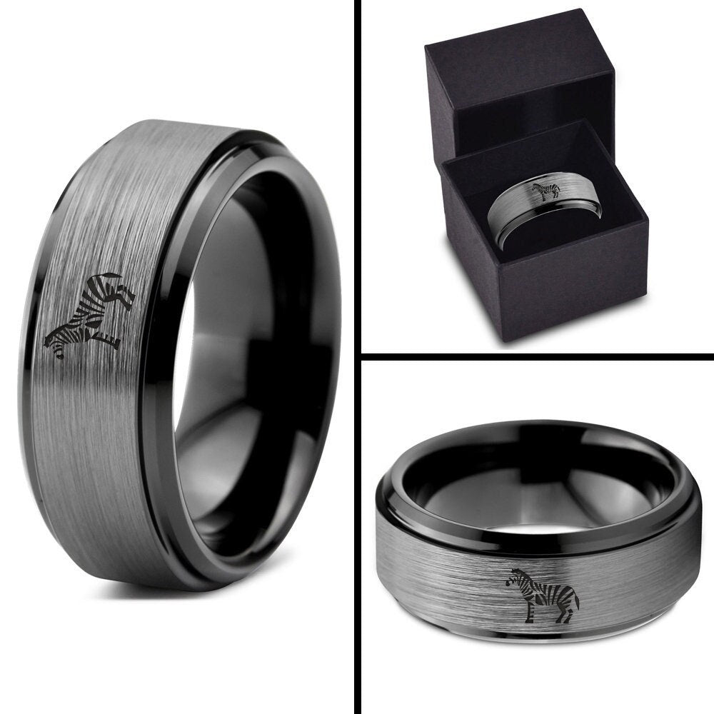 African Animal Zebra Ring - Laser Marking Wedding Rings - Black Tungsten Ring Men - Silver Gray Brushed Ring - Husband Wife Gifts For Couple