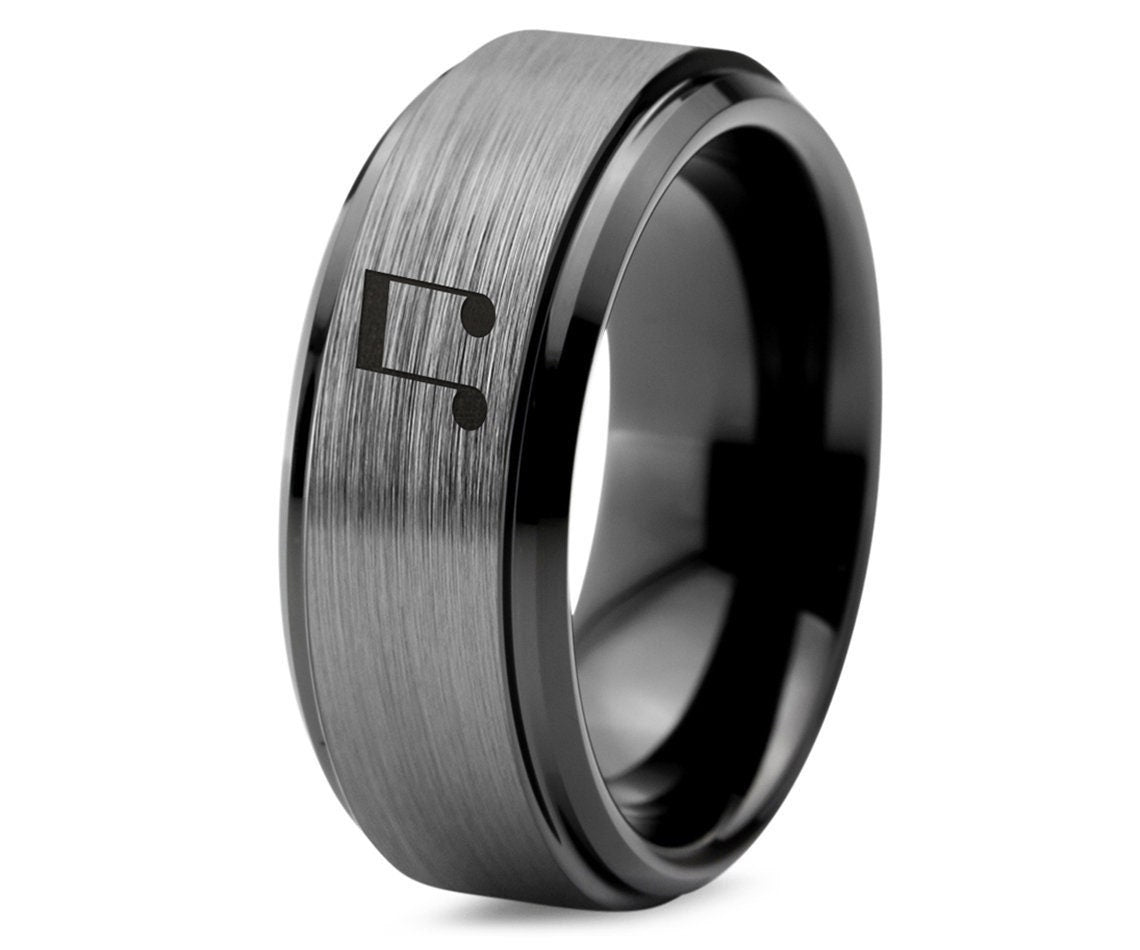 Quindicesiam Sign Ring - Music Ring - Black Unique Mens Wedding Band - Silver Brushed Tungsten Ring - Engraved Ring - Anniversary Gifts