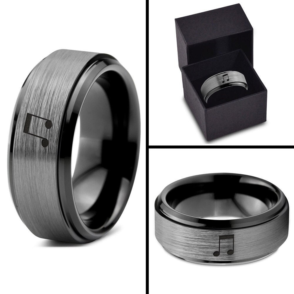 Quindicesiam Sign Ring - Music Ring - Black Unique Mens Wedding Band - Silver Brushed Tungsten Ring - Engraved Ring - Anniversary Gifts