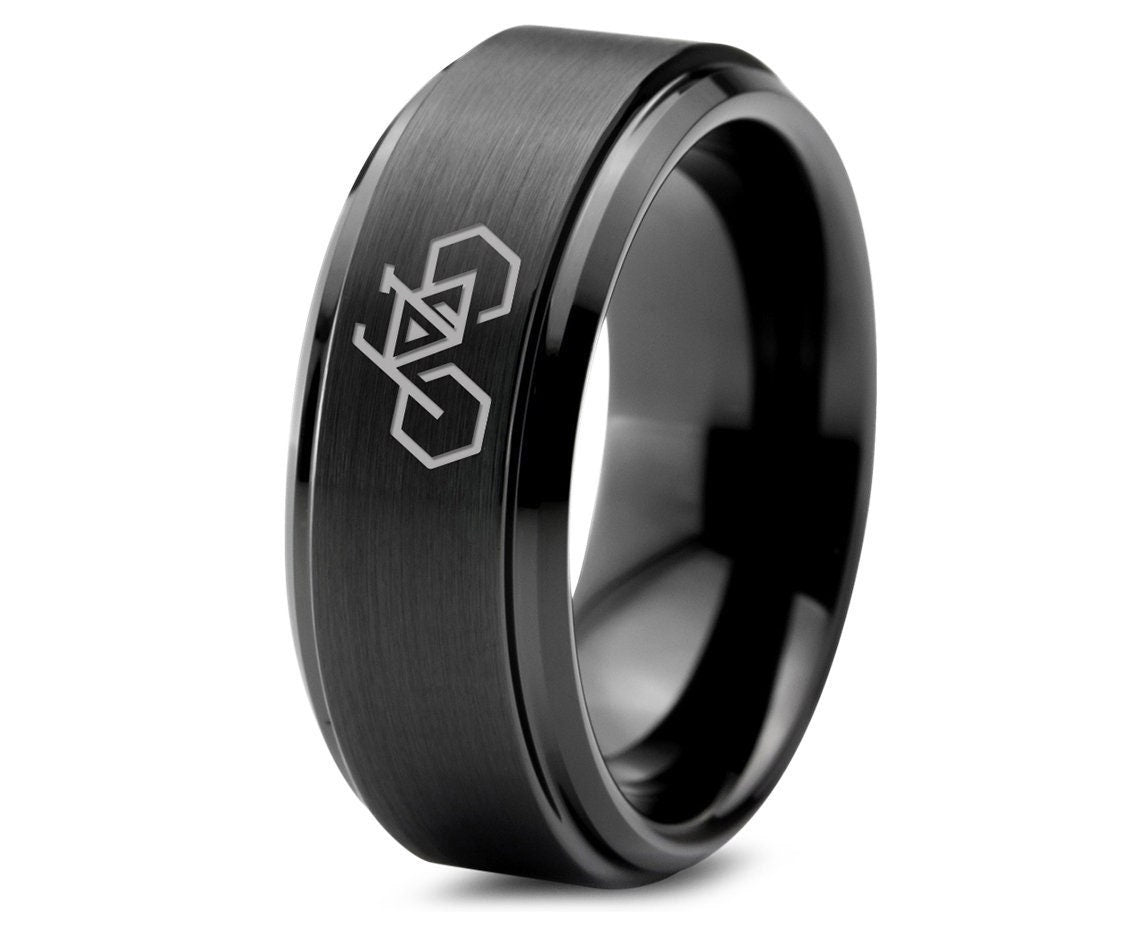 Hexagon Triangle Bicycle Ring - Cyclist Rings - Mens Tungsten Wedding Band Black - Minimalist Ring - Handmade Ring - Black Engraved Ring