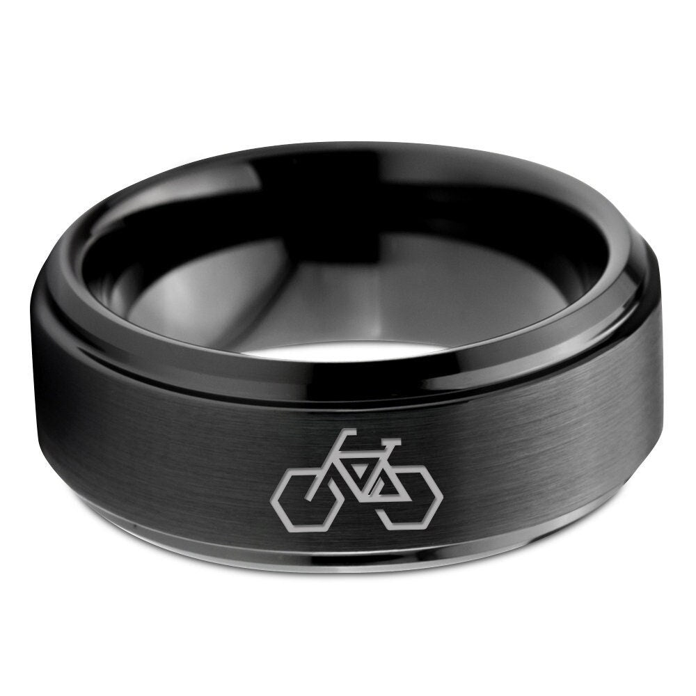 Hexagon Triangle Bicycle Ring - Cyclist Rings - Mens Tungsten Wedding Band Black - Minimalist Ring - Handmade Ring - Black Engraved Ring