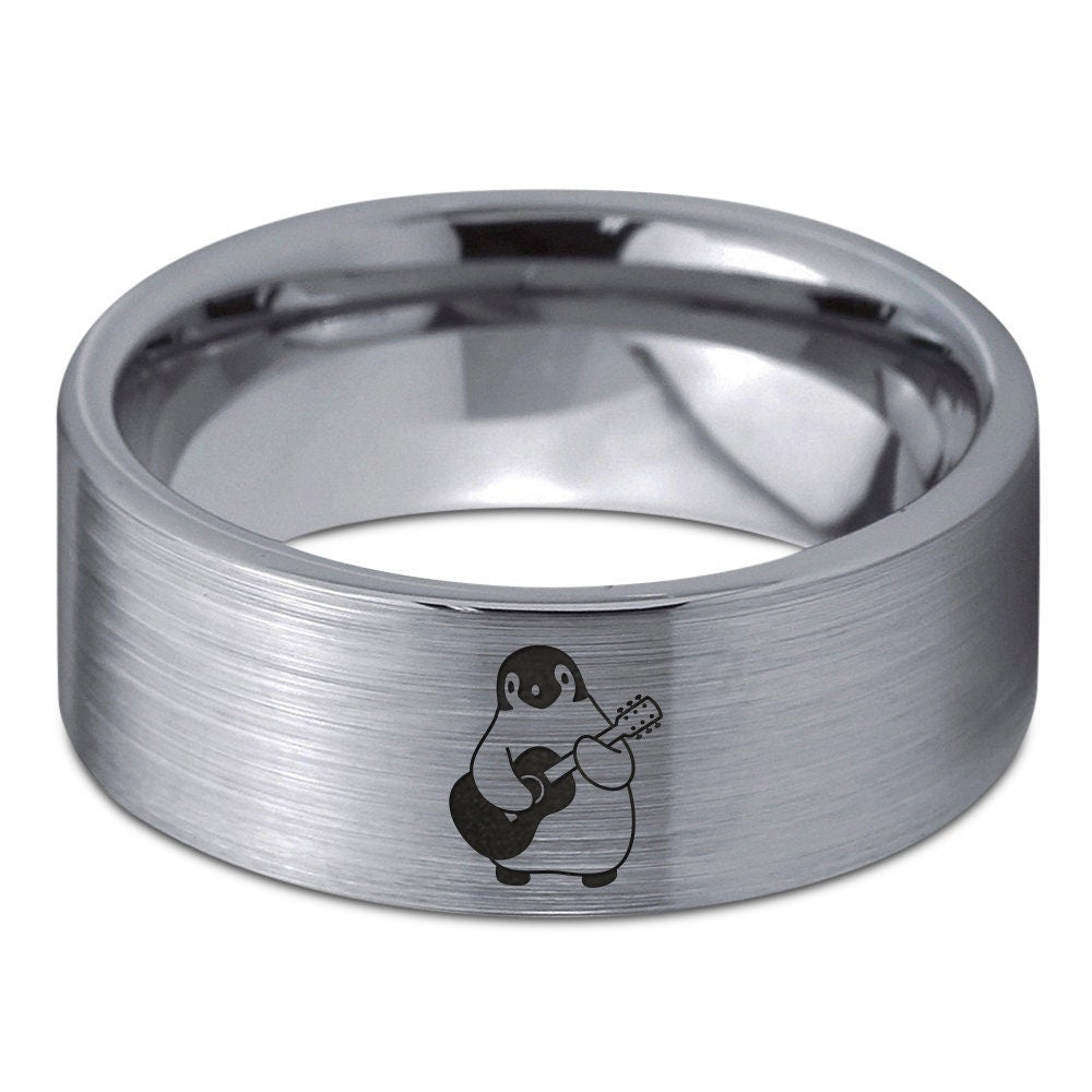 Penguin Play Music Ring - Guitar Ring - Wedding Band Women - Flat Cut Silver Brushed Ring - Tungsten Engrave Rings For Men - Valentine Gift