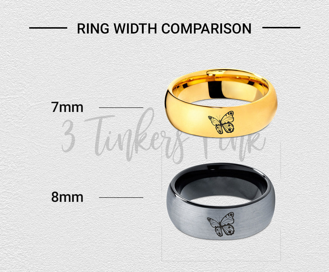 Engraved Insect Butterfly Ring, Solid Gold Wedding Bands For Women, Tungsten Ring Mens, 7mm Ring, Promise Rings, Gold Engagement Ring Set