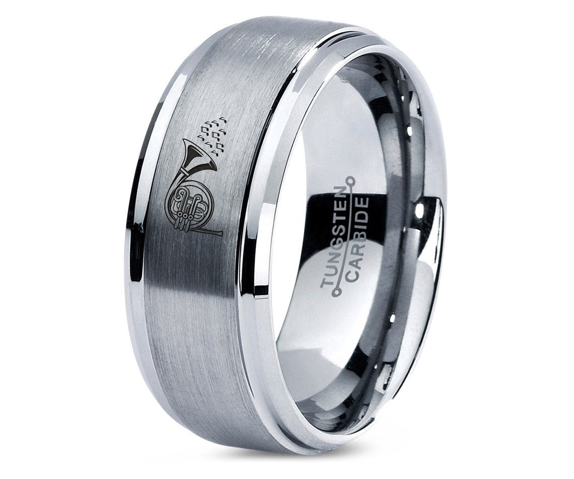 Music French Horn Ring | Mens Wedding Band Silver | Brushed Tungsten Ring Band | Rings For Musician | Engraved Ring | Gifts | Free Shipping