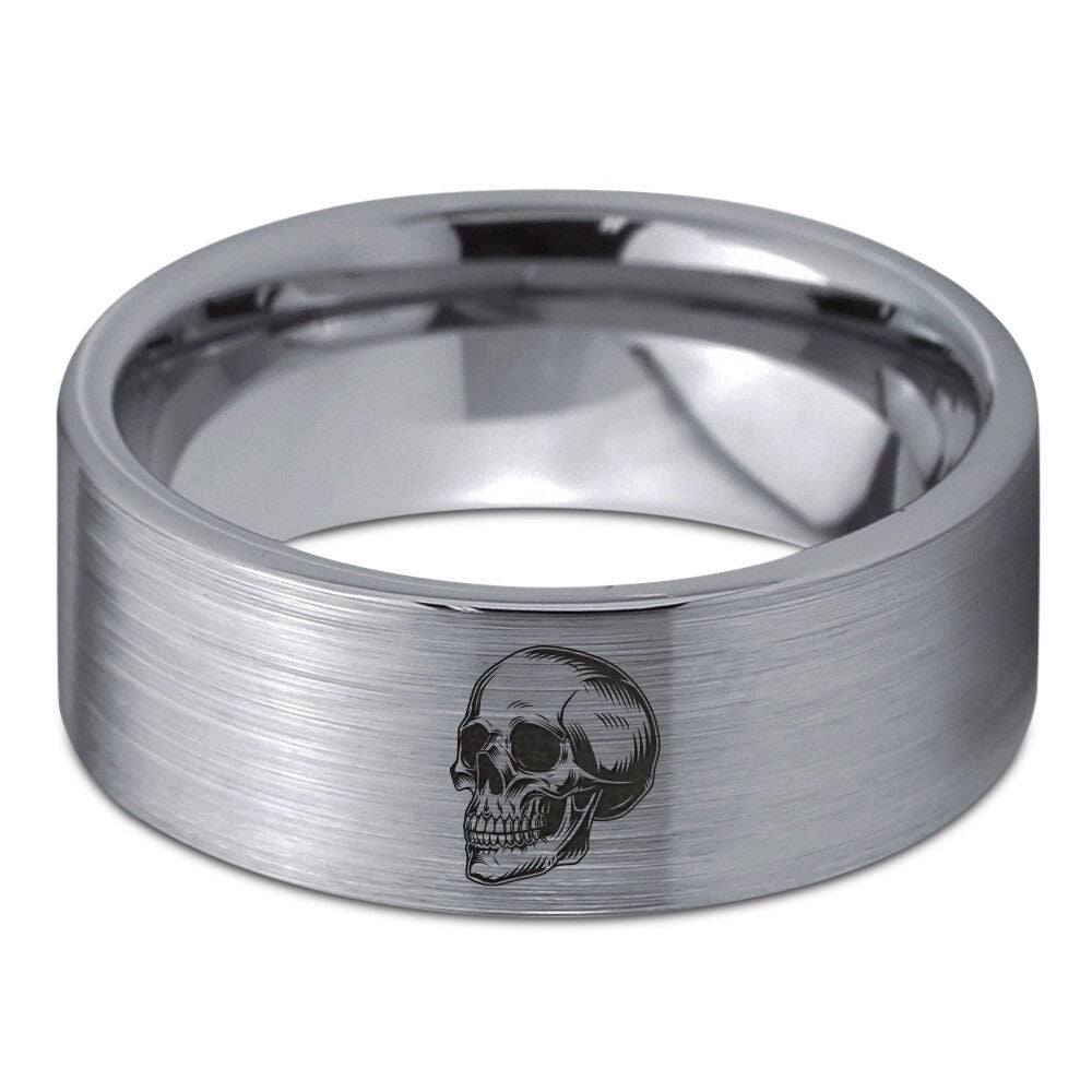 Skull Ring - Silver Wedding Bands For Him - Tungsten Rings For Men - Laser Engraved Ring - Promise Ring - Gift For Her - Fathers Day Gifts