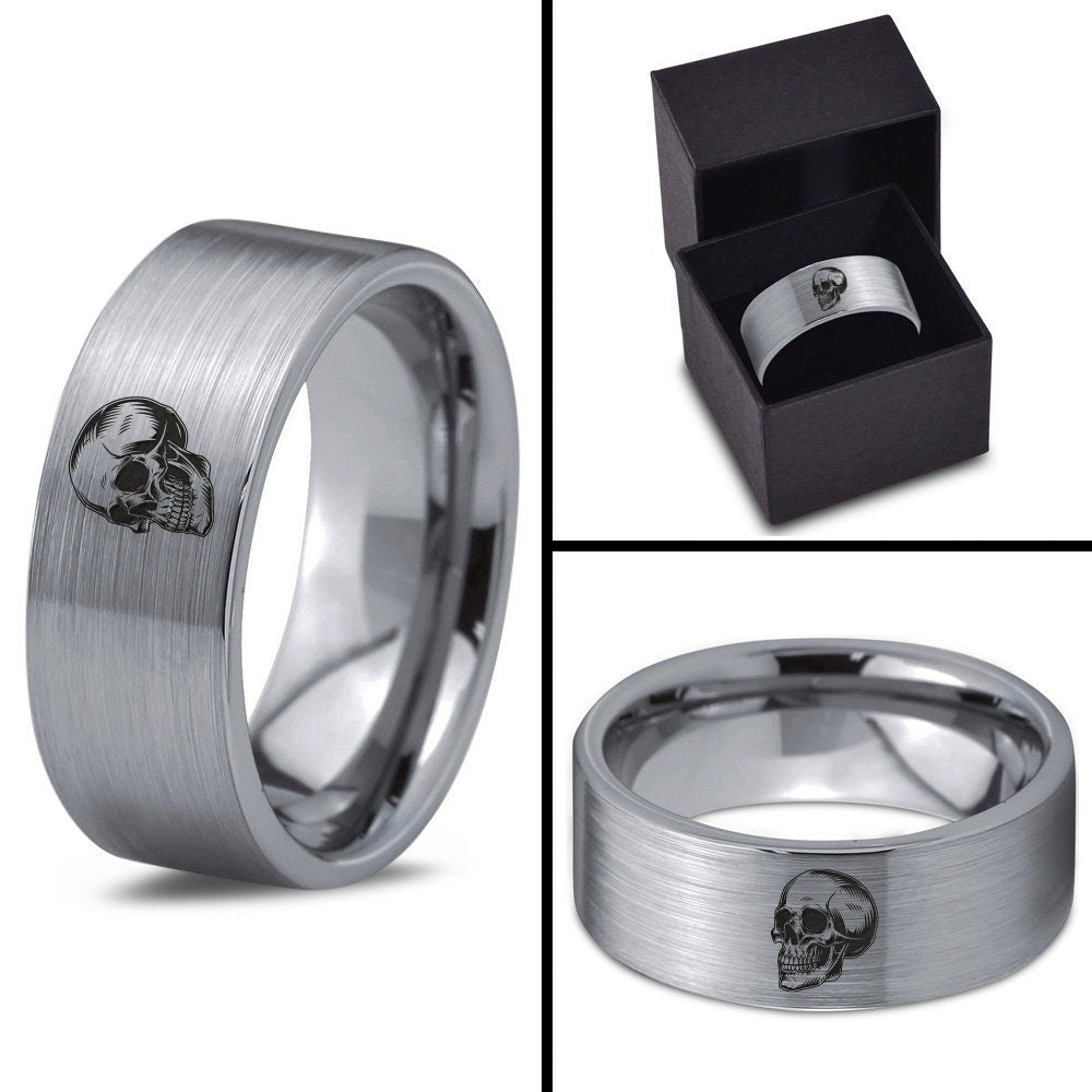 Skull Ring - Silver Wedding Bands For Him - Tungsten Rings For Men - Laser Engraved Ring - Promise Ring - Gift For Her - Fathers Day Gifts