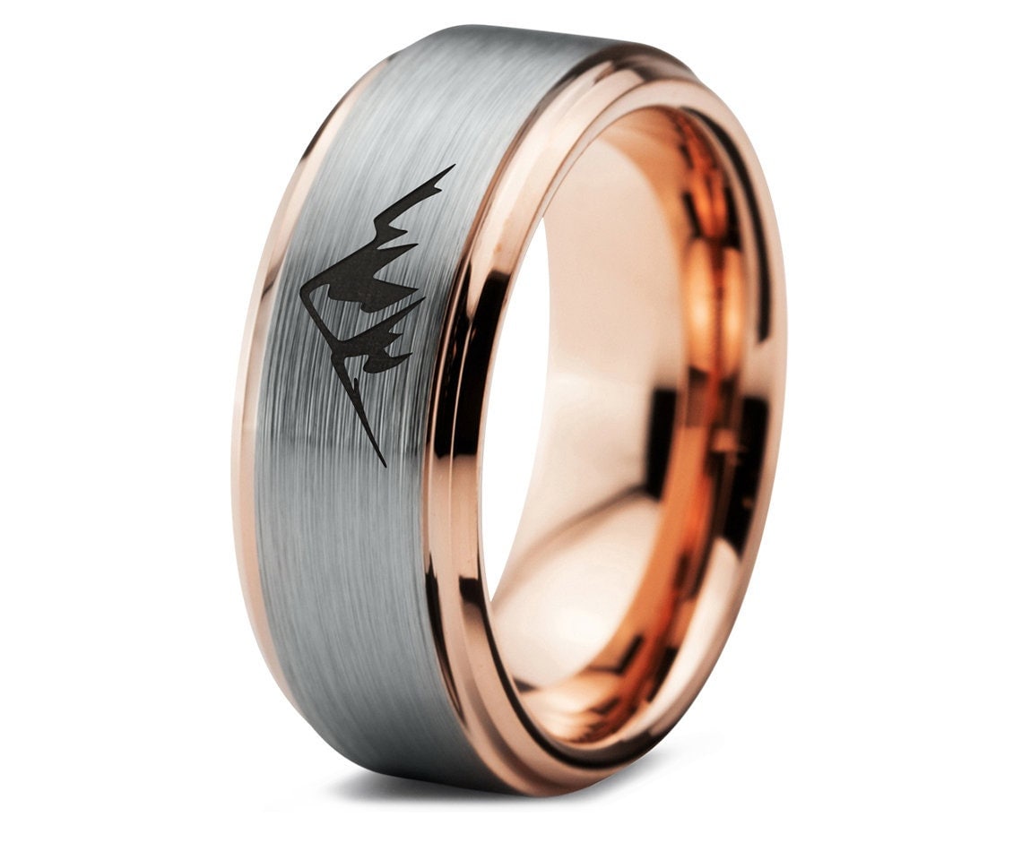 Mountain Everest Tungsten Wedding Band Grey | Rose Gold Tungsten Ring | Two Tone Ring | Mens Personalized Ring | Gift For Brother | Gifts