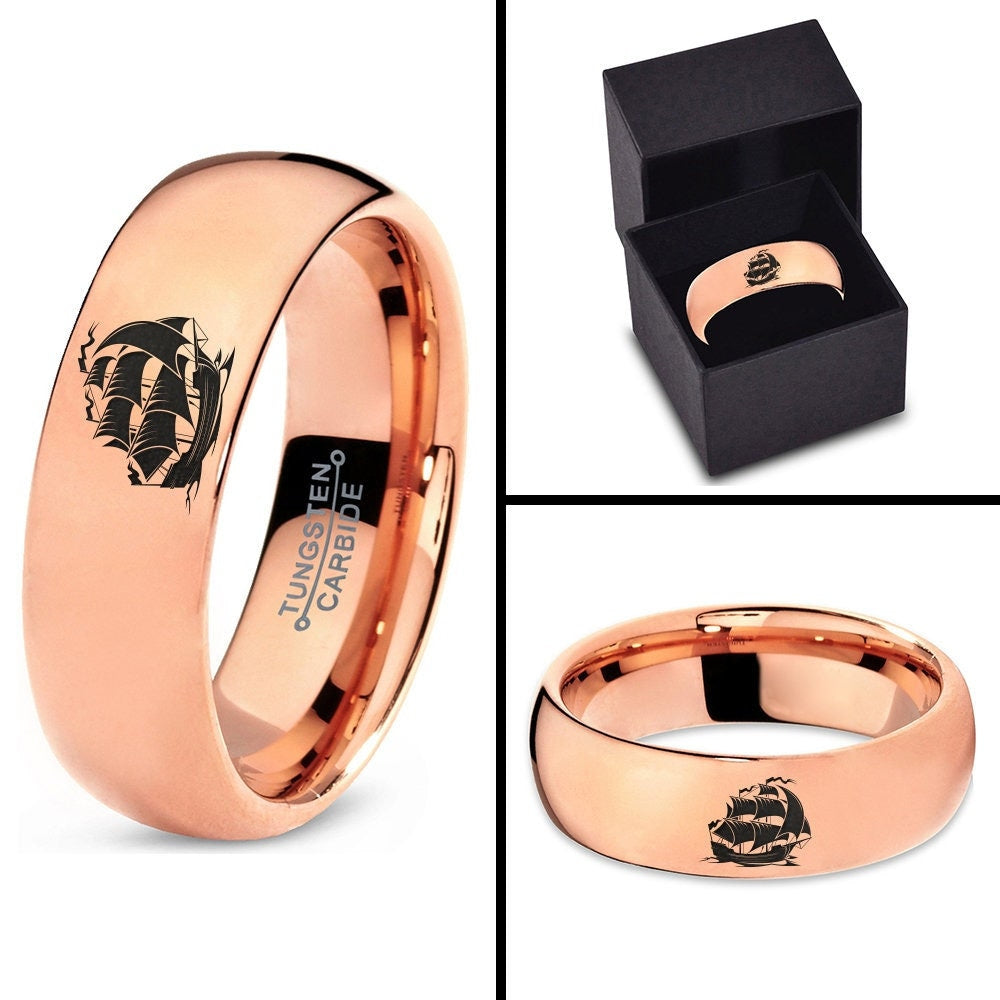 Spirit Caribbean Ship Ring - Men's Tungsten Ring - Rose Gold Wedding Bands - Rings For Women - Laser Engraved Ring - Engagement Ring