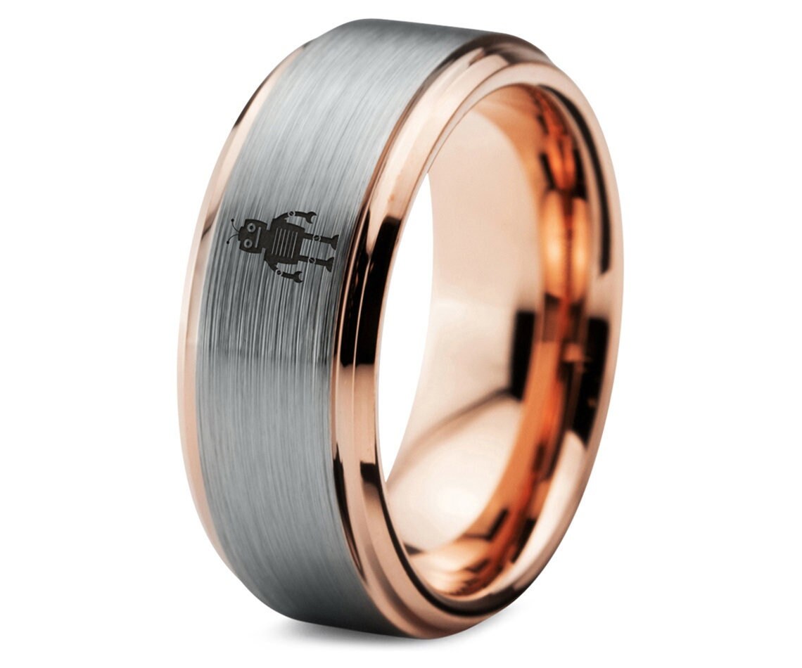 Robot Mens Tungsten Rose Gold - Engagement Ring - Anniversary Gift For Him - Gifts For Him Boyfriend - Personalized Gifts For Men