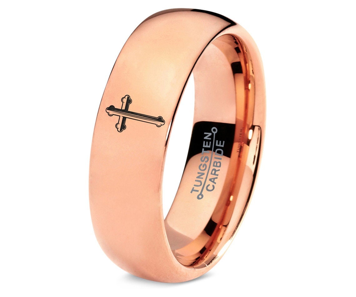 Christian Holy Sign Ring - Rose Gold Wedding Band - Rose Gold Tungsten Ring - Tungsten Rings For Men 8mm - Anniversary Gifts For Wife