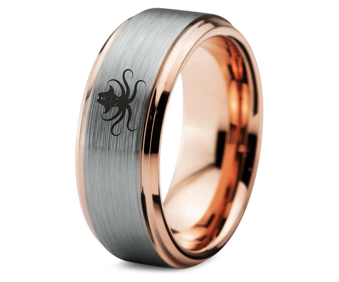 Engraved Octopus Ring For Men, Gray Rose Gold Tungsten Ring, Men's Wedding Band, Gifts For Friend, Promise Ring, Birthday Gift For Him