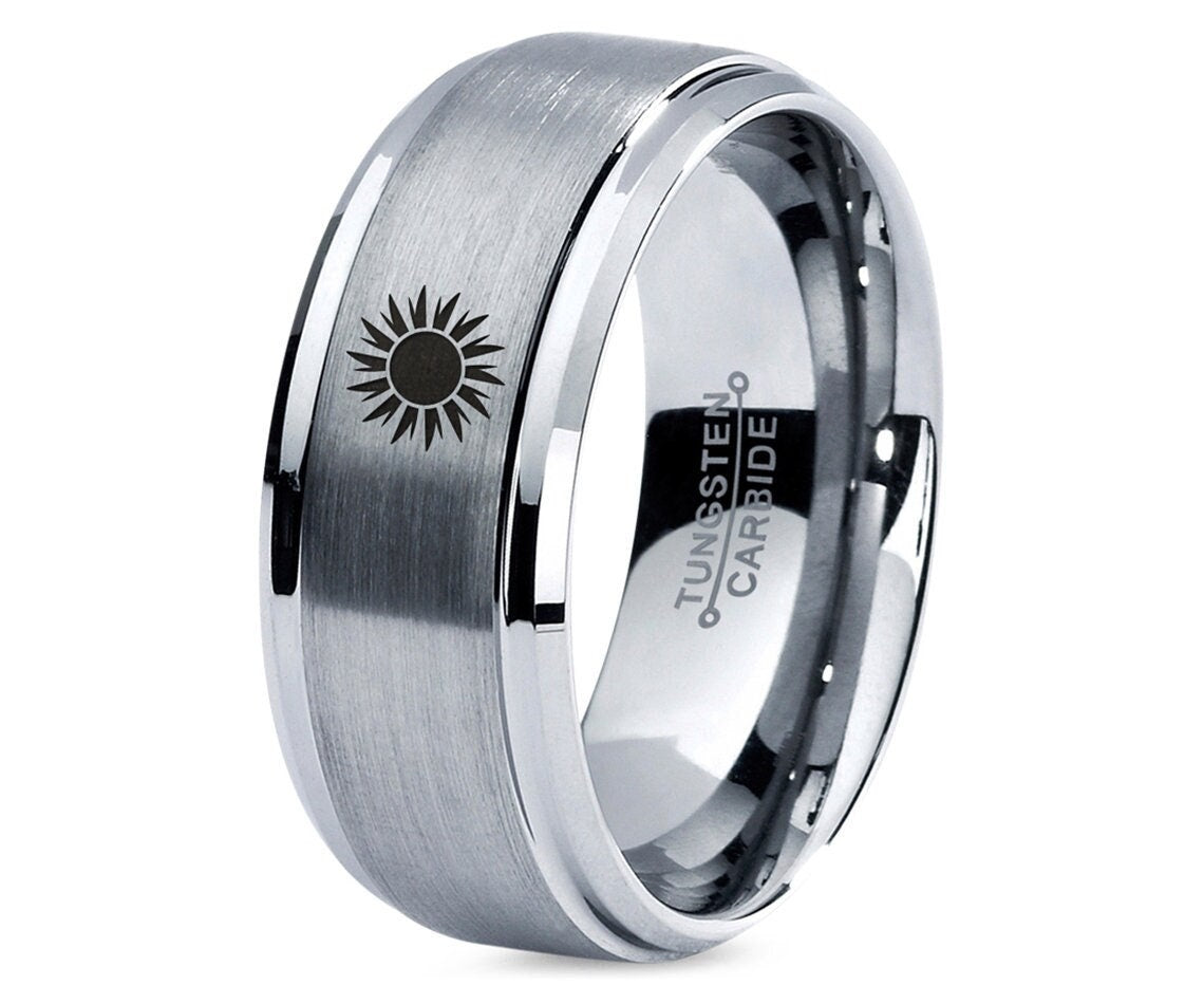 Mens Wedding Bands Silver | Astronomical Sun Ring | Brushed Gray Tungsten Ring | His and Her Gifts | Gifts For Him | Personalized Gifts