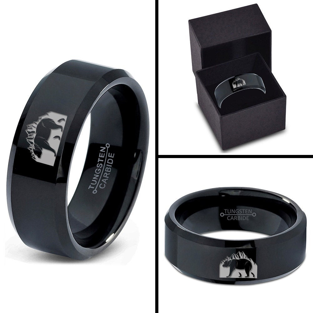 Mountain Tungsten Ring,Polar Bear Walking Ring,Black Wedding Band,Perfect Tungsten Band,Anniversary Gifts,Ring For Husband,His and Her Ring