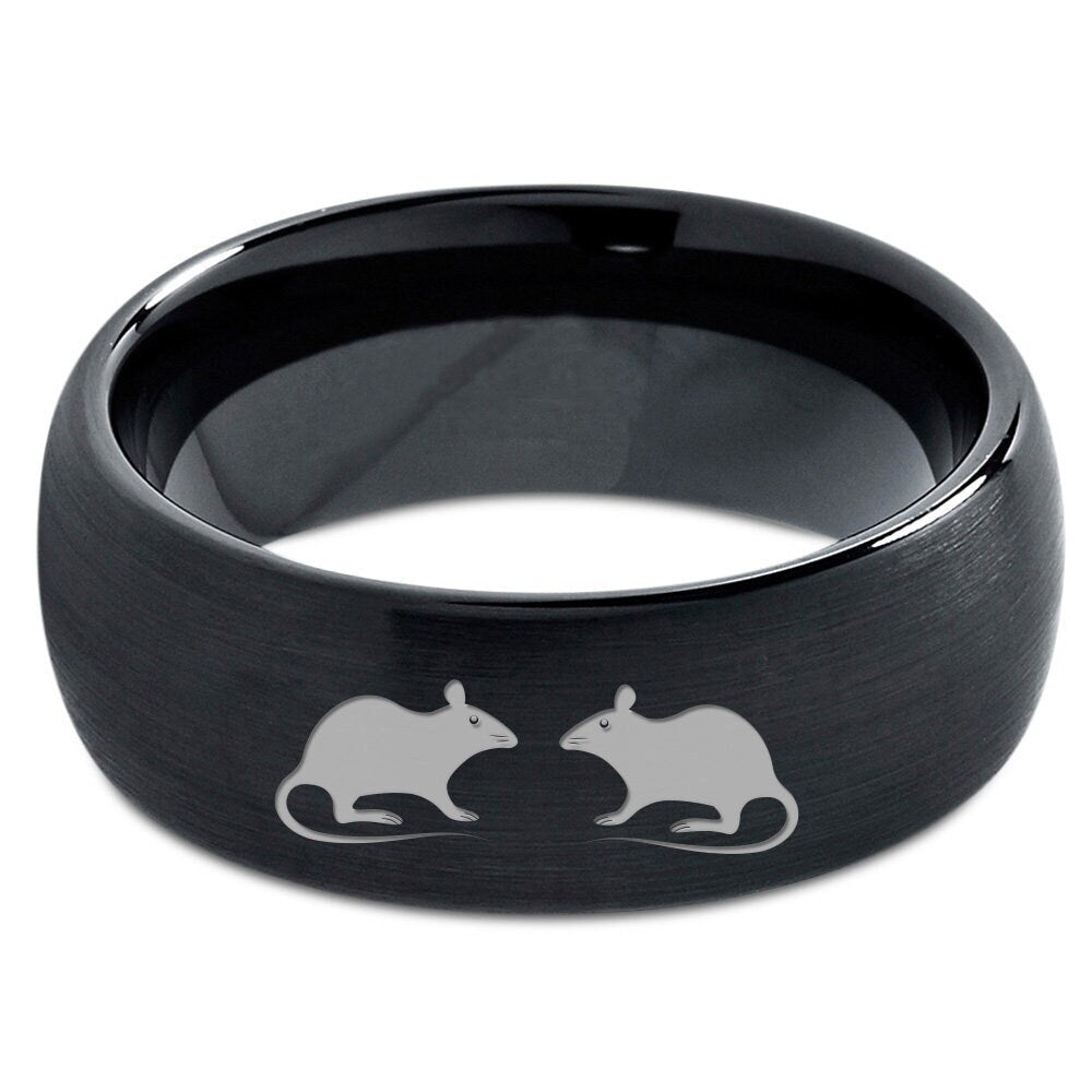 Rat Mouse Ring, Animal Lover Jewelry, Tungsten Women's Ring, Engraved Ring, Unique Engagement Ring, Couple Gifts, Best Friend Gifts