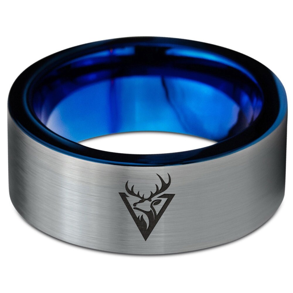 Deer Antler Ring | Gray Tungsten Rings For Men | Mens Gifts | Blue Wedding Band For Him and Her | Gifts For Women | Thank You Gifts