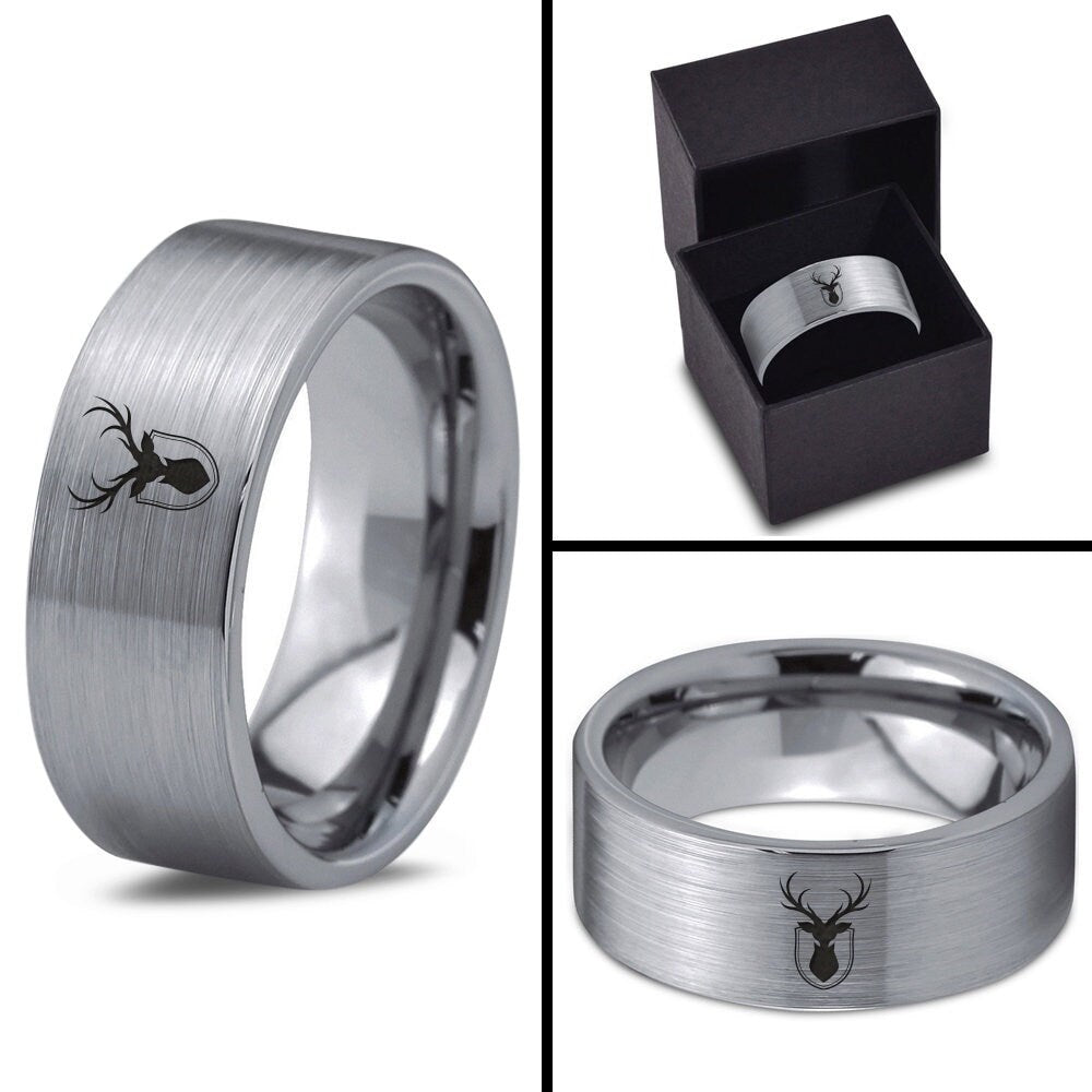 Gifts For Him | Deer Horn Hunter Ring | Silver Gray Wedding Band For Him and Her | Tungsten Rings For Men | Gifts For Women | Flat Cut Ring