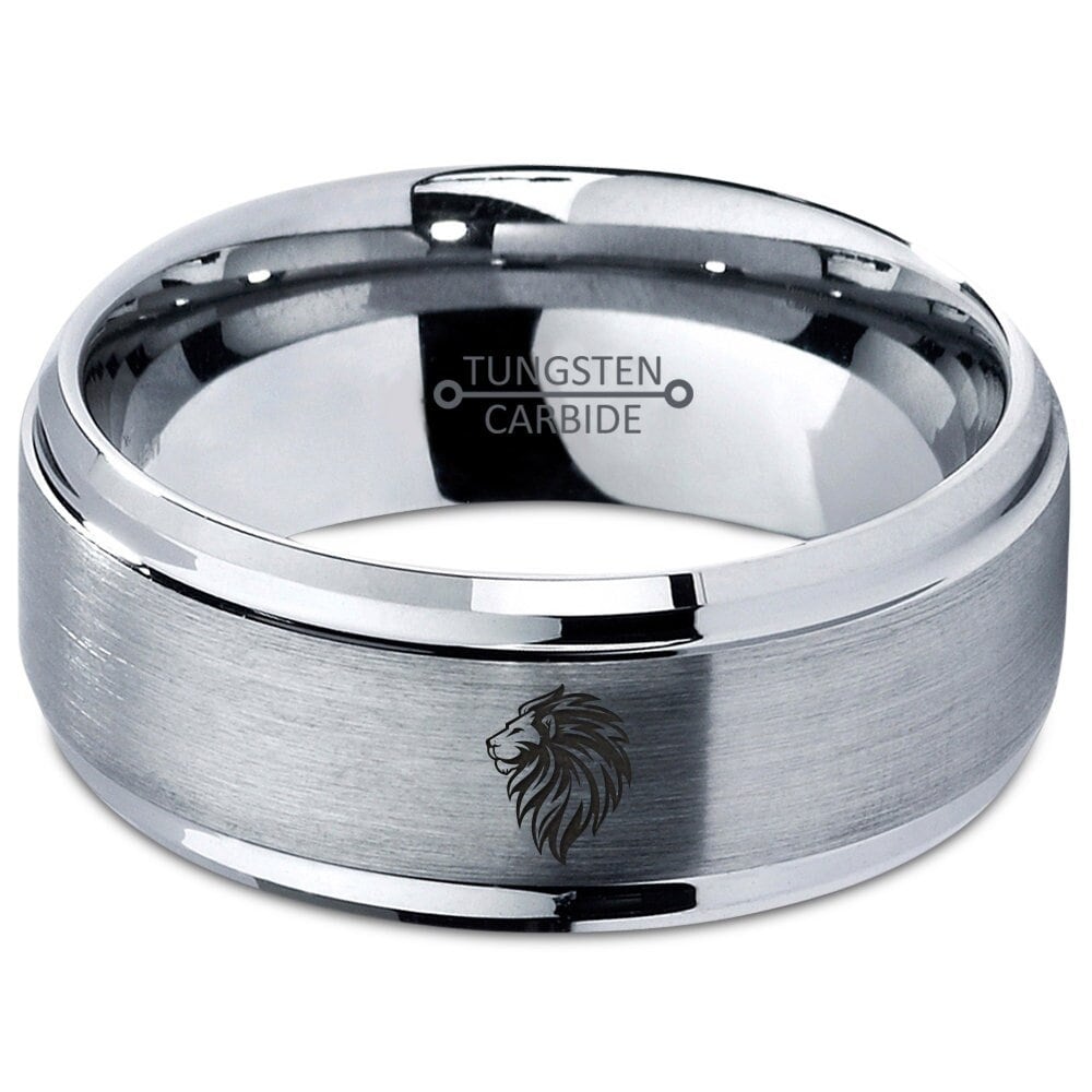 Leo King Lion Wedding Band Silver, Tungsten Ring, Gray Jewelry Ring, Laser Engraved Ring, Mens Ring, Promise Ring, Anniversary Gifts