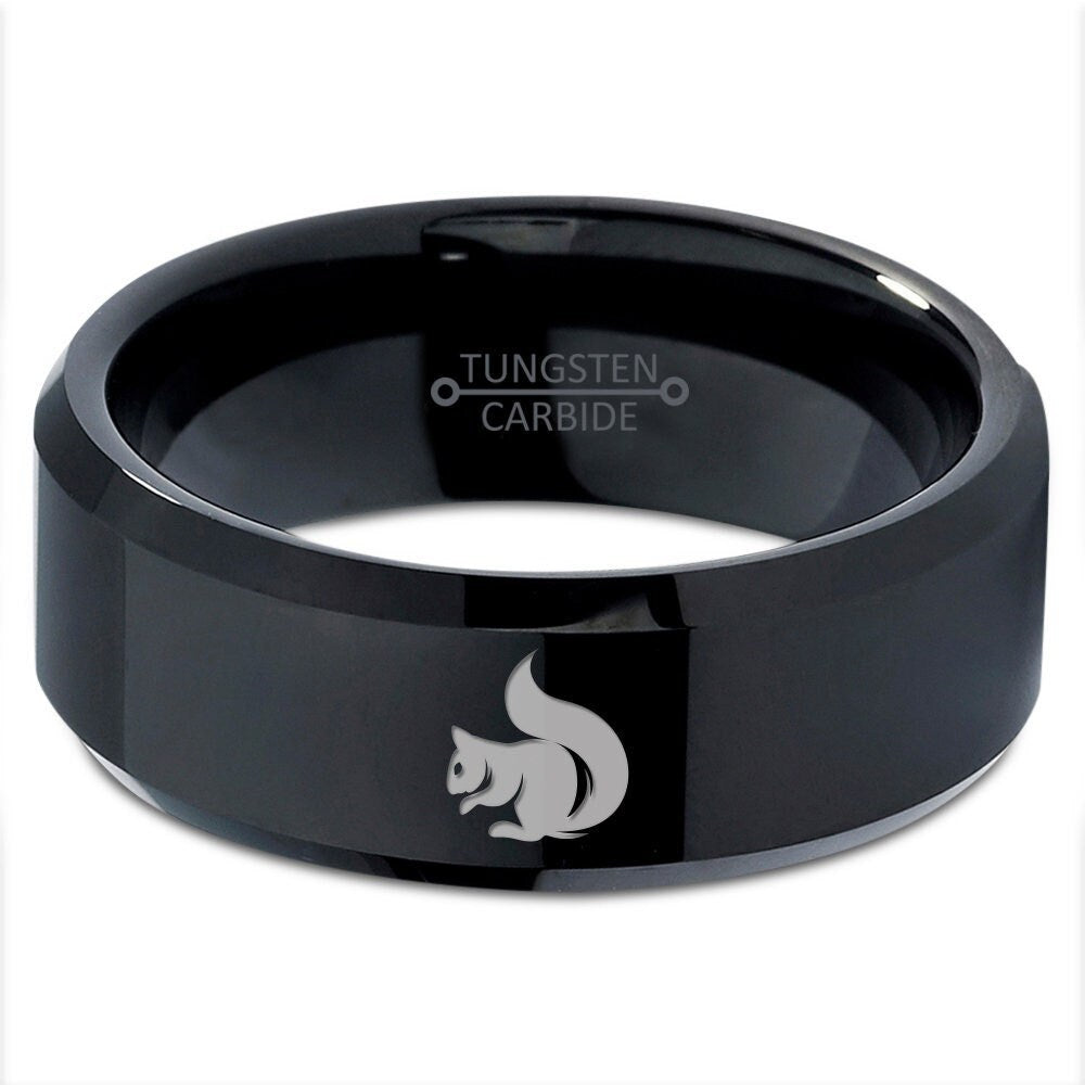 Cute Squirrel Ring - Black Mens Tungsten Wedding Band - Gift For Wife - Tungsten For Women - Promise Ring - Engagement Ring - Couple Gifts