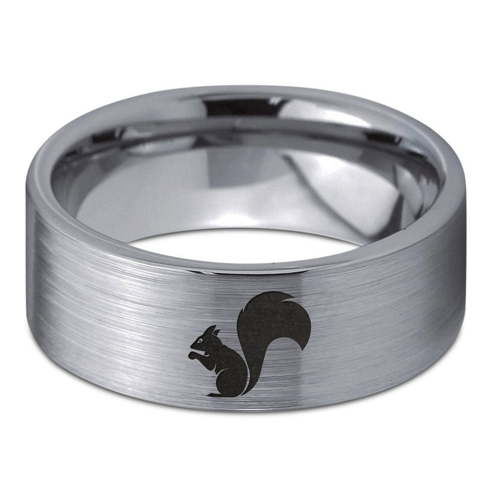 Squirrel Ring For Women, Flat Cut Wedding Band Men, Engraved Tungsten Ring, Gifts For Dad, Gifts For Boyfriend, Gift For Her, New Mom Gift