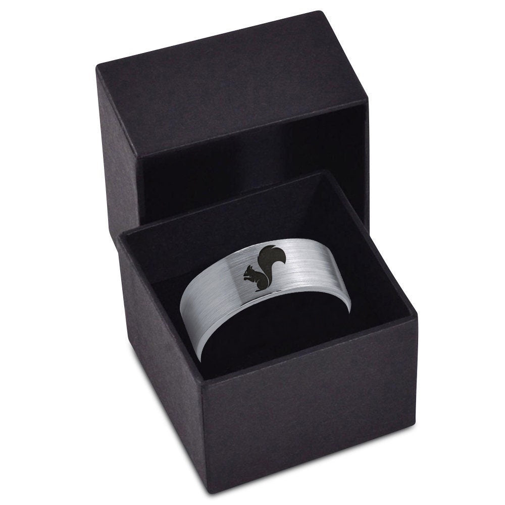 Squirrel Ring For Women, Flat Cut Wedding Band Men, Engraved Tungsten Ring, Gifts For Dad, Gifts For Boyfriend, Gift For Her, New Mom Gift