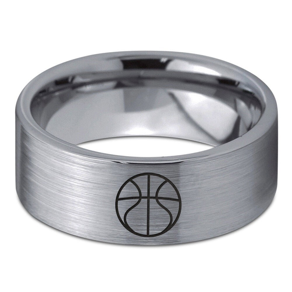 Mens Basketball Ring - Gift For Player - Black Wedding Bands Silver - Promise Ring - Gray Tungsten Ring - Anniversary Gift For Him