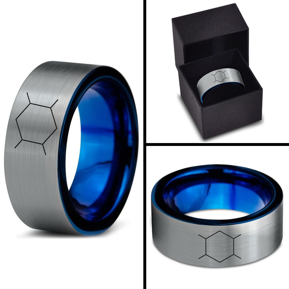 Gifts For Him - Bee Honeycomb Ring - Blue Tungsten Rings For Men - Flat Cut Blue Ring - Laser Engraved Ring - Gifts For Birthday