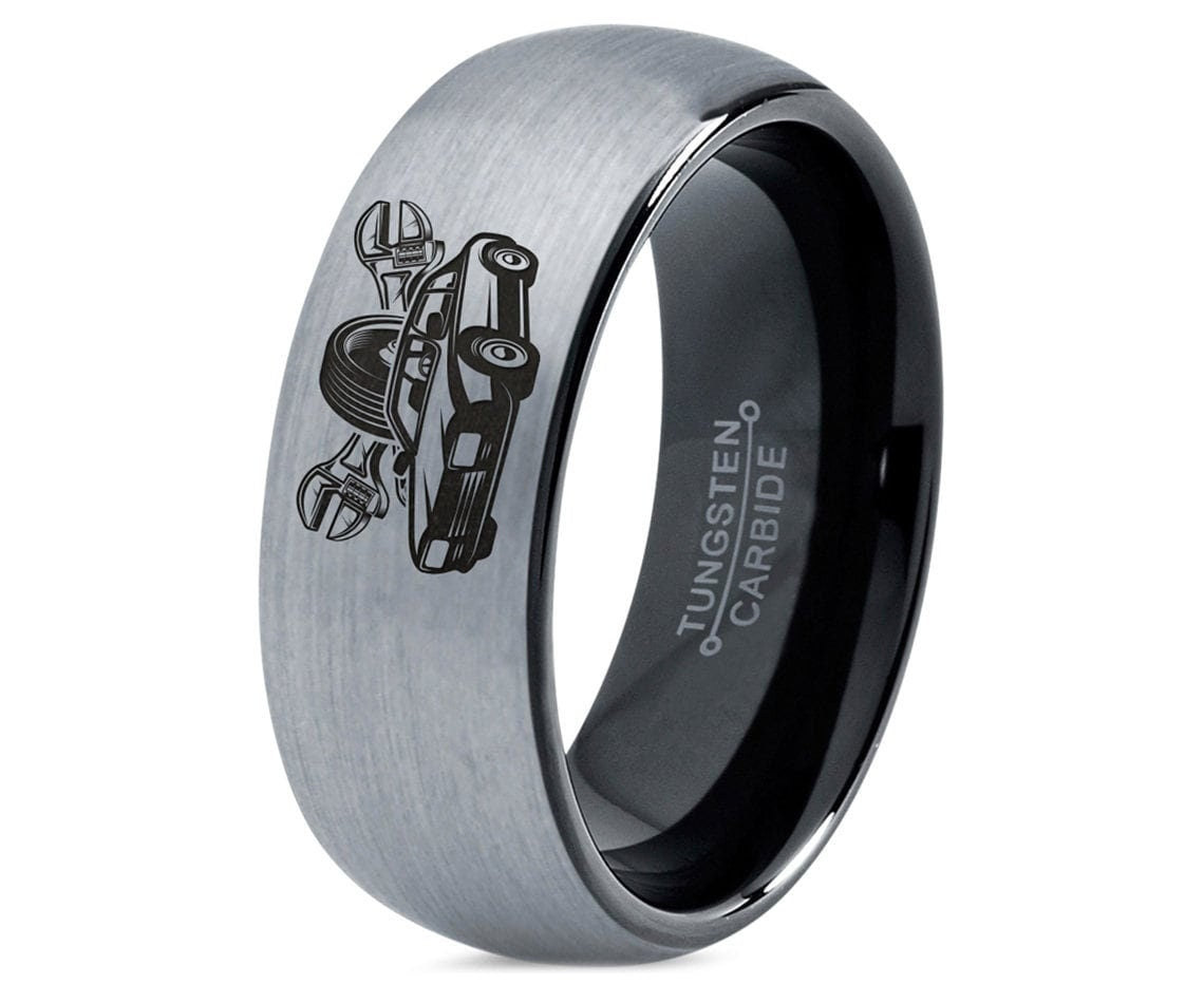 Wrench Car Tire Ring Gift For Mechanic, Gray Tungsten Ring, Engagement Ring, Simple Black Ring, Promise Ring, Birthday Gift, Gift For Him