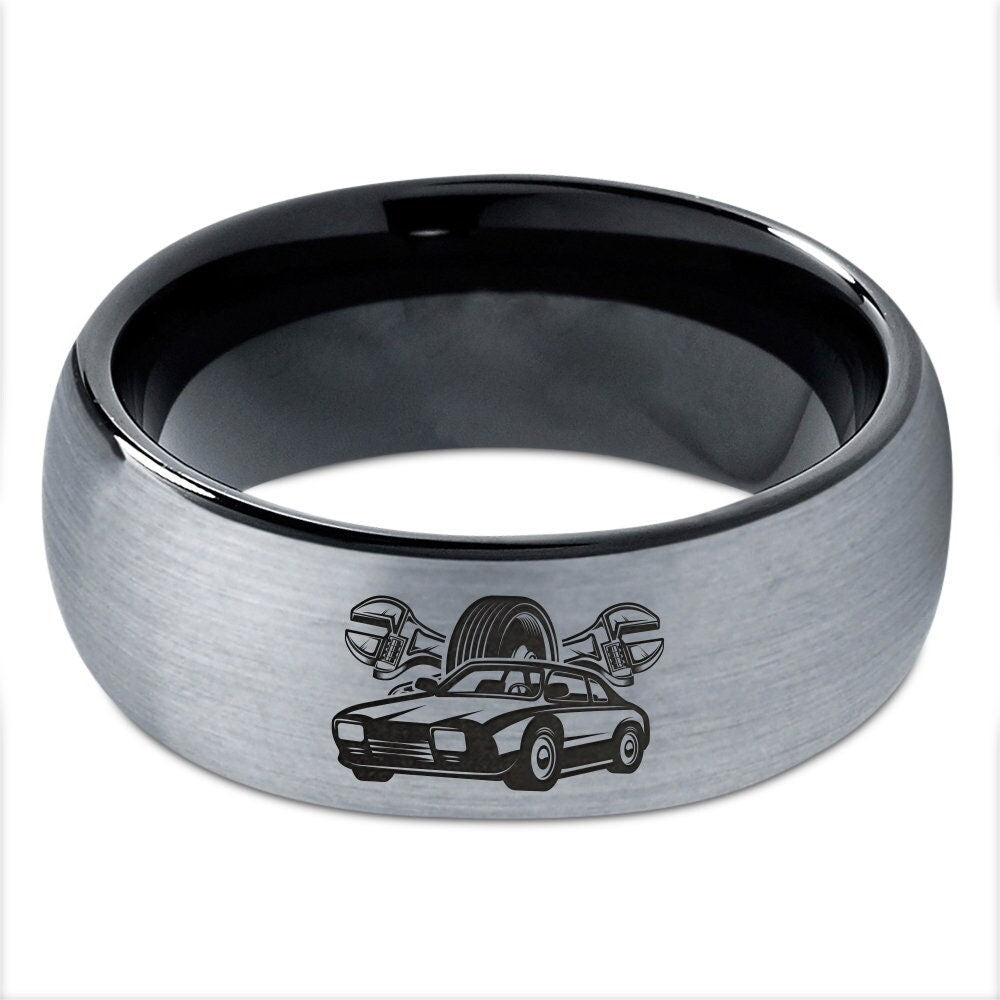 Wrench Car Tire Ring Gift For Mechanic, Gray Tungsten Ring, Engagement Ring, Simple Black Ring, Promise Ring, Birthday Gift, Gift For Him