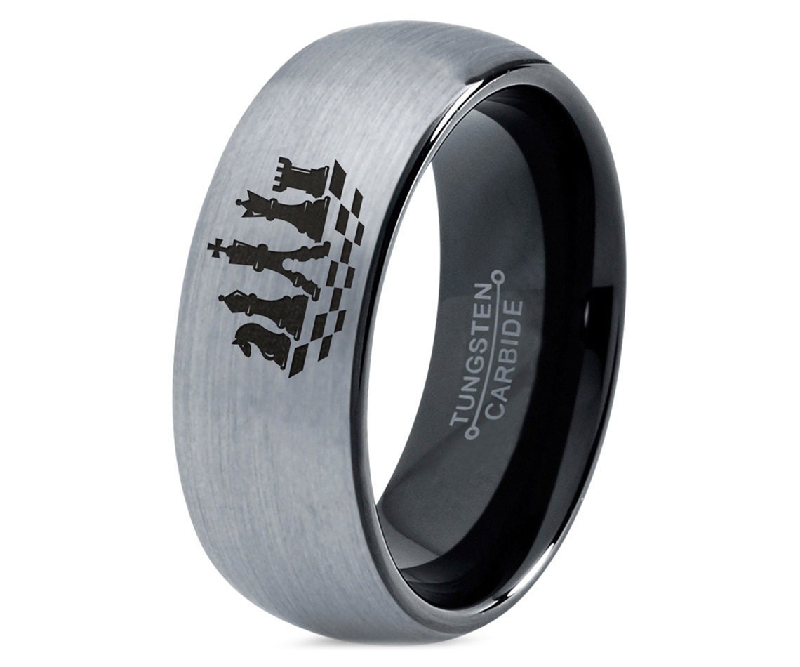 Chess Pieces Ring | Gift For Dad | Tungsten Wedding Band Black | Gray Tungsten Ring | Personalized Gifts For Him | Free Shipping