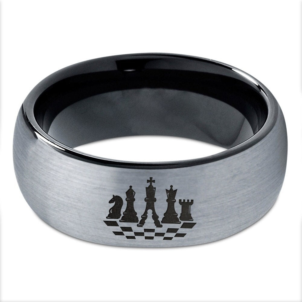 Chess Pieces Ring | Gift For Dad | Tungsten Wedding Band Black | Gray Tungsten Ring | Personalized Gifts For Him | Free Shipping