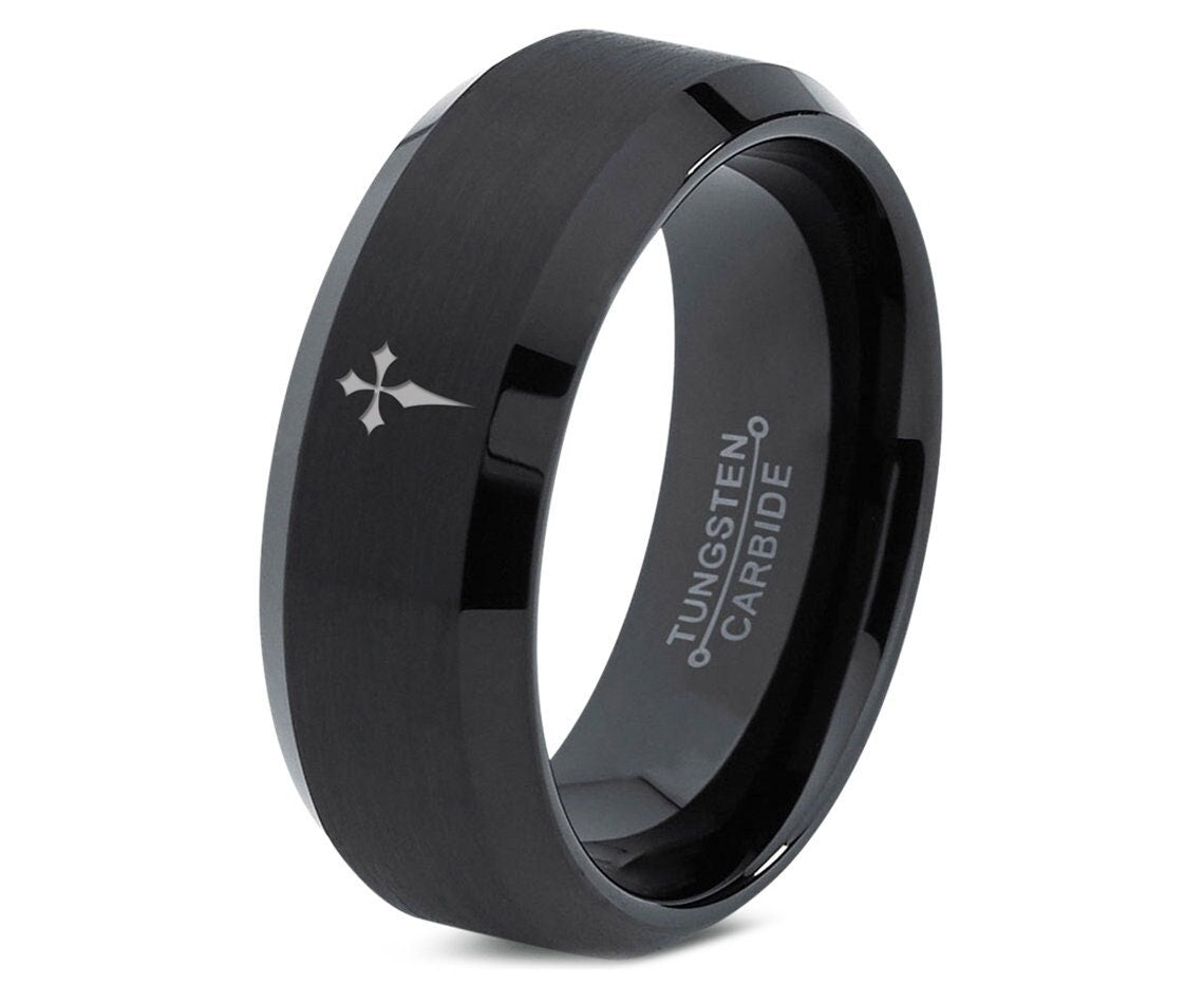 Christmas Gifts | Gothic Cross Ring | Unique Mens Wedding Band Black | Laser Engraved Ring | Black Tungsten Rings | His and Her Gifts