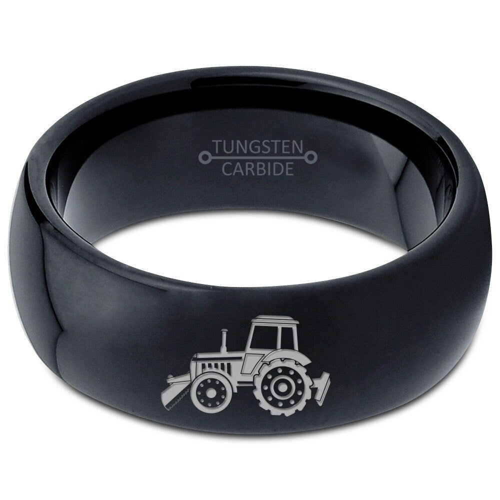 Tractor Ring | Ring For Farmer | Dome Tungsten Black Ring | Engagement Ring | Men's Tungsten Rings 8mm | Gift For Dad | Gifts For Her