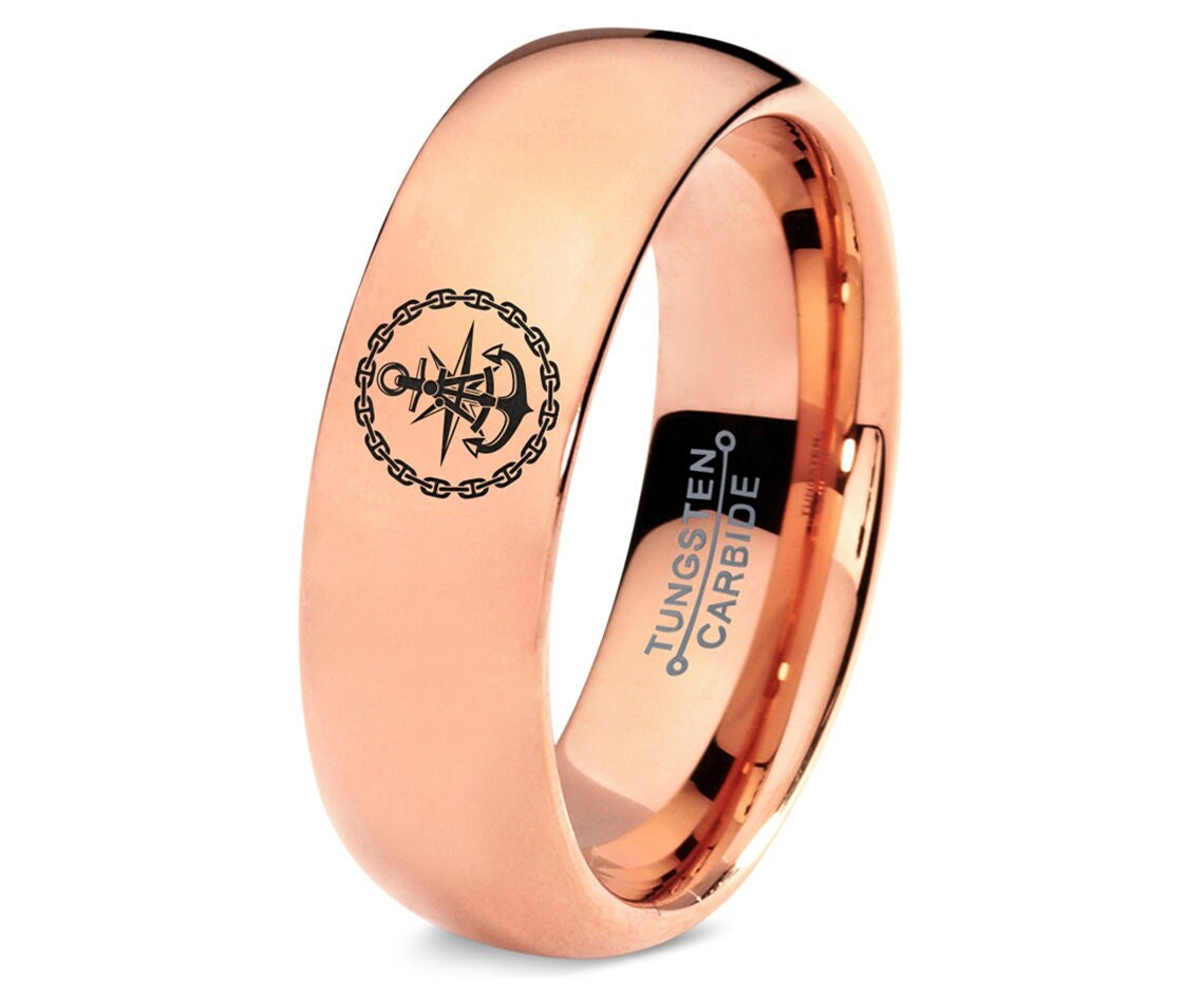 Personalized Gifts - Anchor Compass Ring - Mens Tungsten Wedding Bands - Ladies Ring - Rose Gold Plated Ring - Boyfriend Gifts - Mom Gift