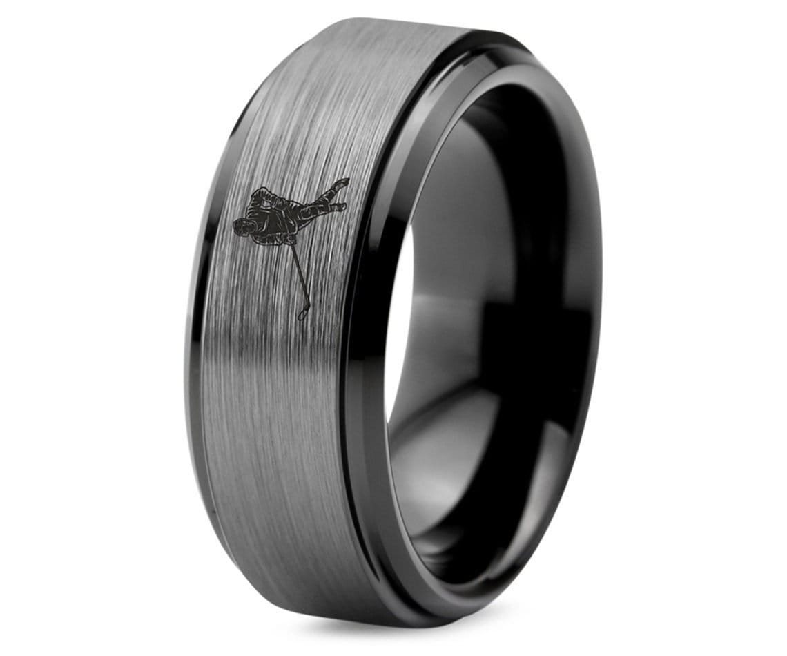 Mens Ice Hockey Ring, Hockey Player Ring, Tungsten Ring Black, Laser Engraved Ring, Engagement Ring For Women, Gifts For Her, Gifts For Him