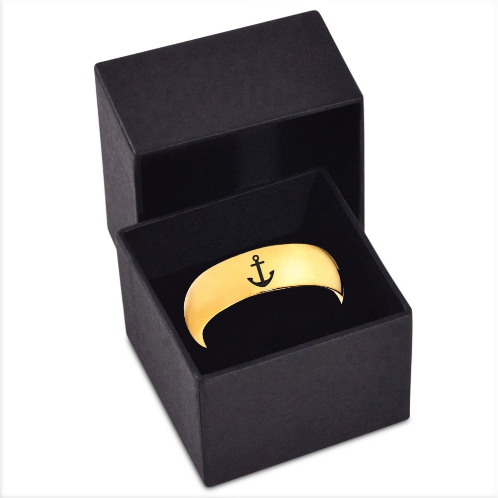 Sea Ship Anchor Ring - 18k Gold Wedding Band - Polished Tungsten Ring - Gift Ideas For Husband - Birthday Gift For Him - Gift For Her