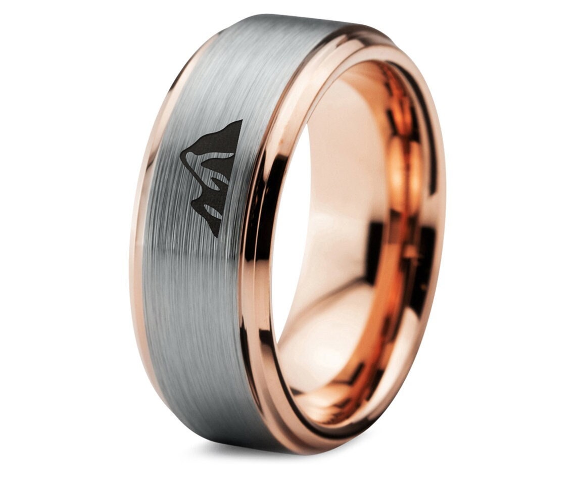 Mountain Rock Ring - Rose Gold Wedding Band - Gray Ring - Special Tungsten Band - Jewelry For Him and Her - Gifts For Dad - Free Shipping