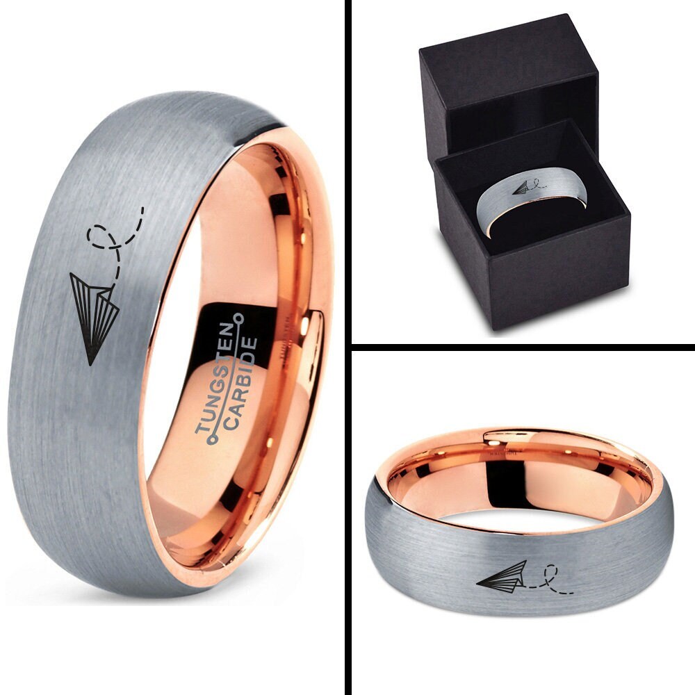 Tungsten Wedding Ring, Paper Plane Ring, Men Gifts, Gray Tungsten Rings, Rose Gold Rings For Women, Engagement Ring, Husband Wife Gifts