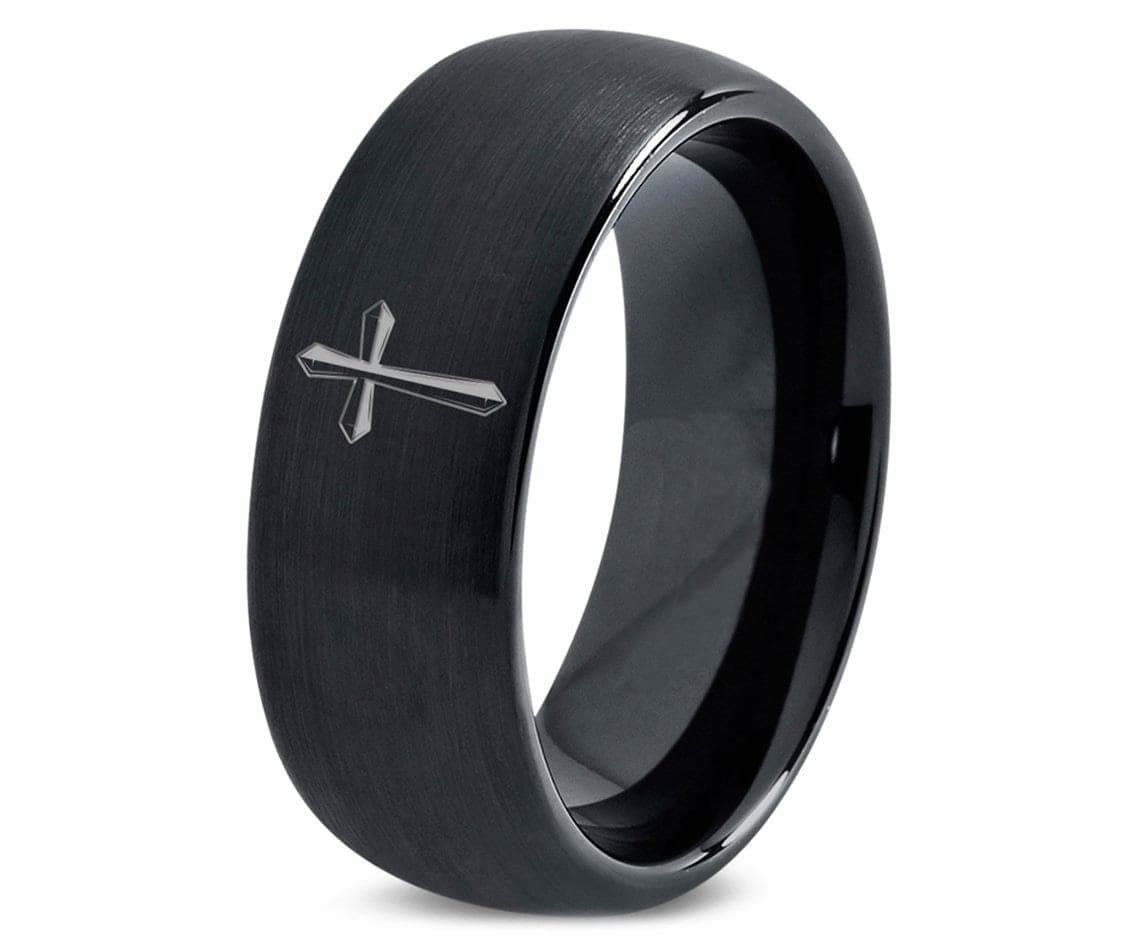 Black Christian Holy Cross Ring - Dome Wedding Band - Cute Tungsten Ring - Mens Wedding Ring - Engagement Rings - Christmas Gift For Husband