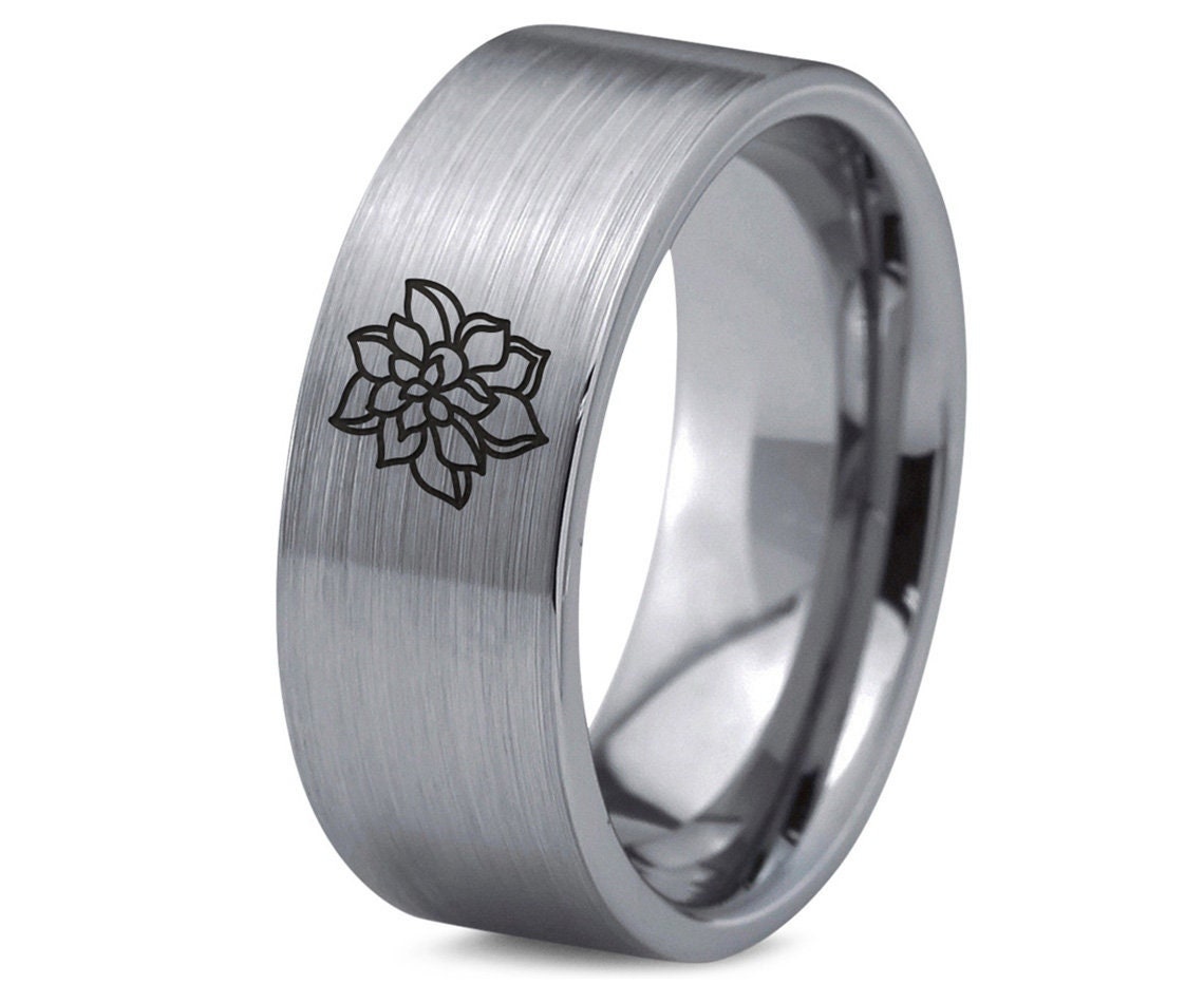 Birth Flower Ring, Gray Wedding Bands For Men, Tungsten Rings, Engagement Rings For Women, Gifts For Him, Personalized Gifts, Gifts For Mom