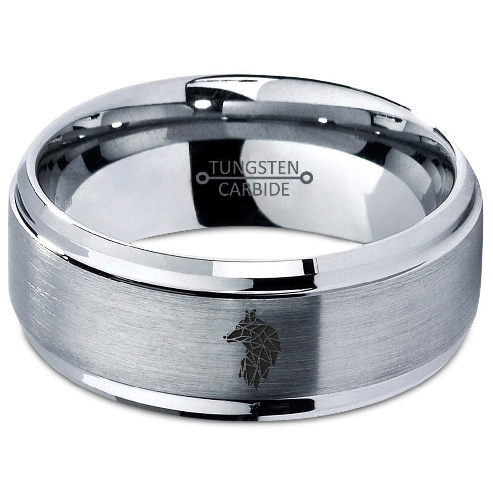 Mens Wolf Ring - Wolf Wedding Bands Men - Tungsten Carbide Ring - Silver Jewelry Ring - Anniversary Gifts For Him - Gifts For Boyfriend