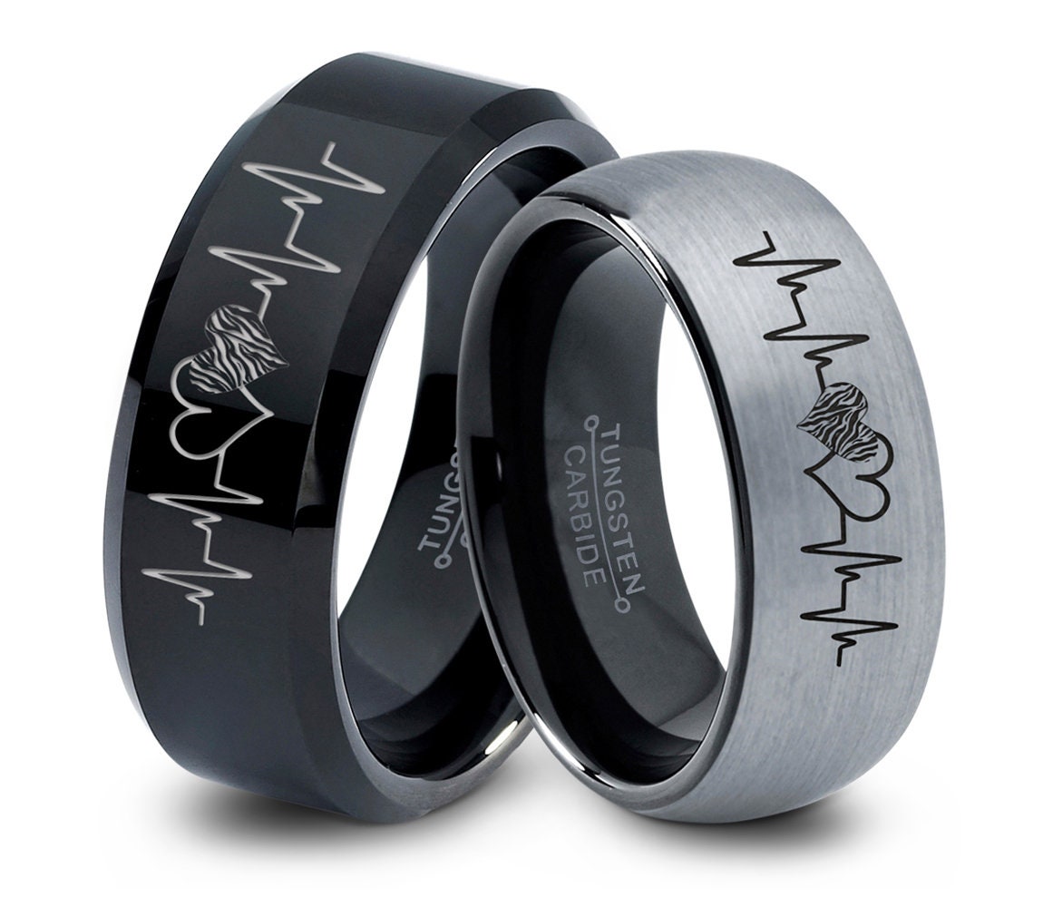 Heartbeat Wedding Ring For Women, Heartbeat Tungsten Ring, Personalized Wedding Band, Custom Anniversary Laser Engraved Name Ring