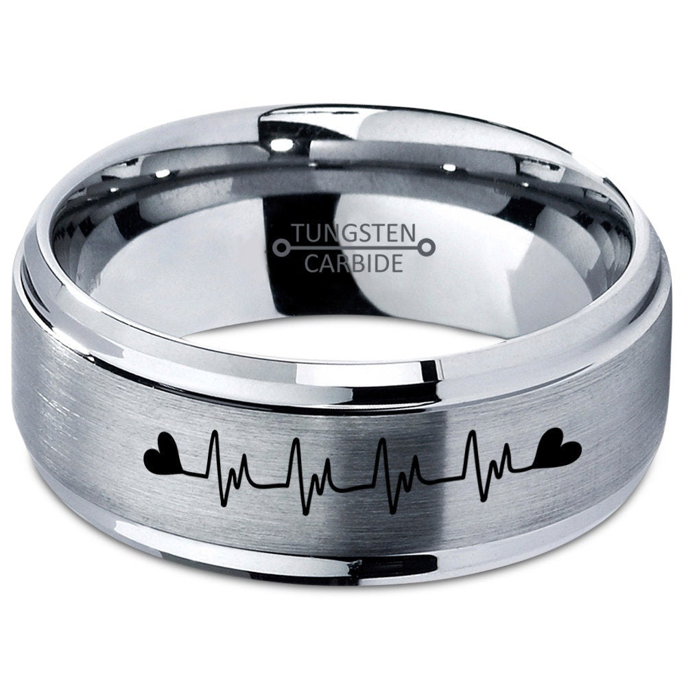 Engraved Real Beat Monitor Ring, Tungsten Heartbeat Engraving Ring, Heartbeat Wedding Ring For Women, Electrocardiogram Signal Beat Ring