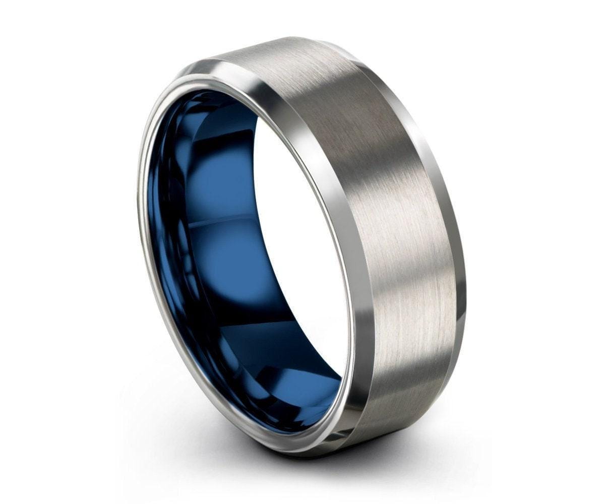 Silver Tungsten Ring For Men, Personalized Gifts for Him, Promise Ring for Her, Blue Wedding Band, Engagement Gift, Wife Christmas Gift