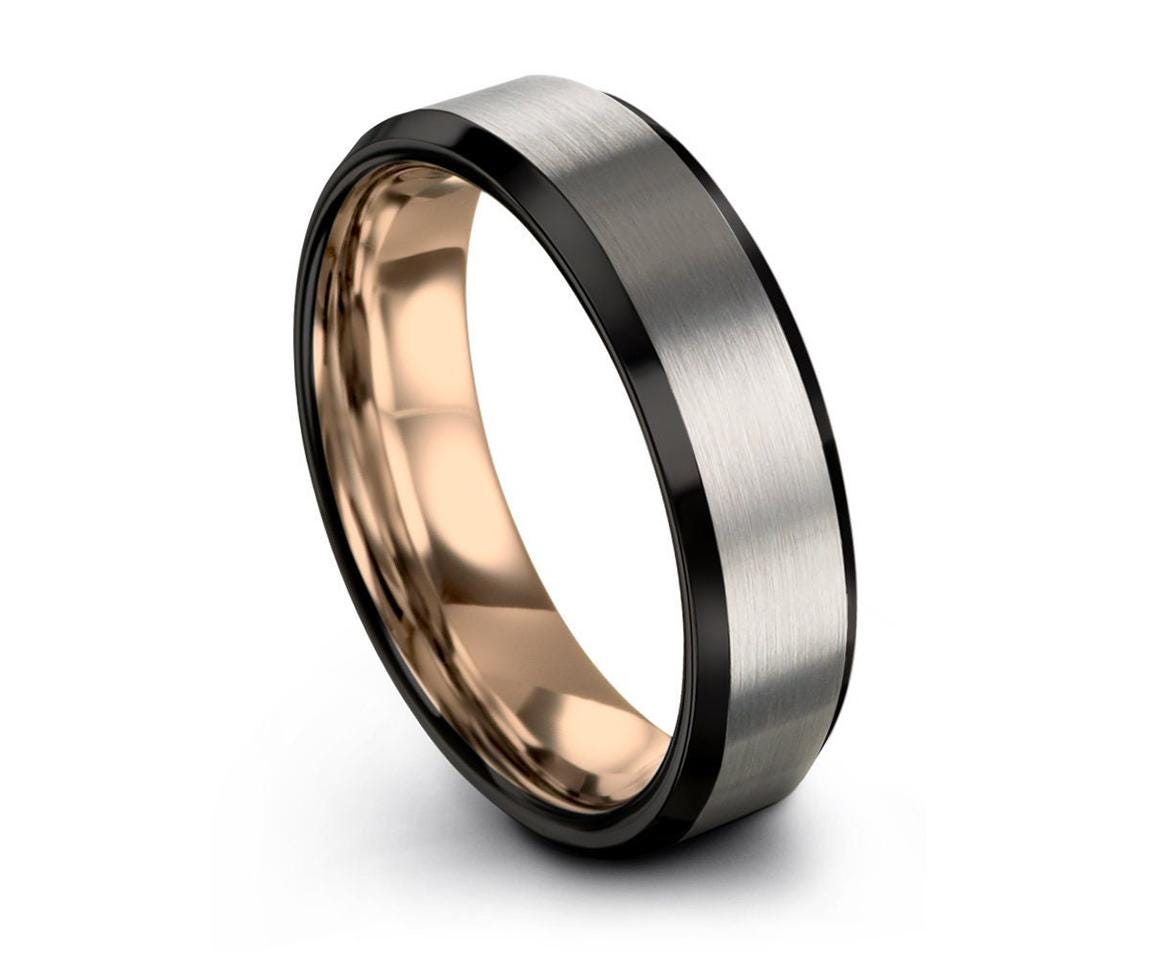 Mens Wedding Band Black, Rose Gold Tungsten Ring, Birthday Gifts For Him, Anniversary Gifts For Boyfriend, Christmas  Gift For Him