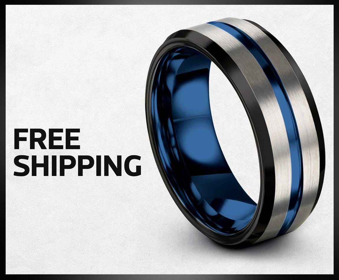 Wedding Band Set His And Hers, Black Tungsten Ring For Men, Birthday Gift For Him, Blue Engagement Ring Silver, Personalized Gift For Her