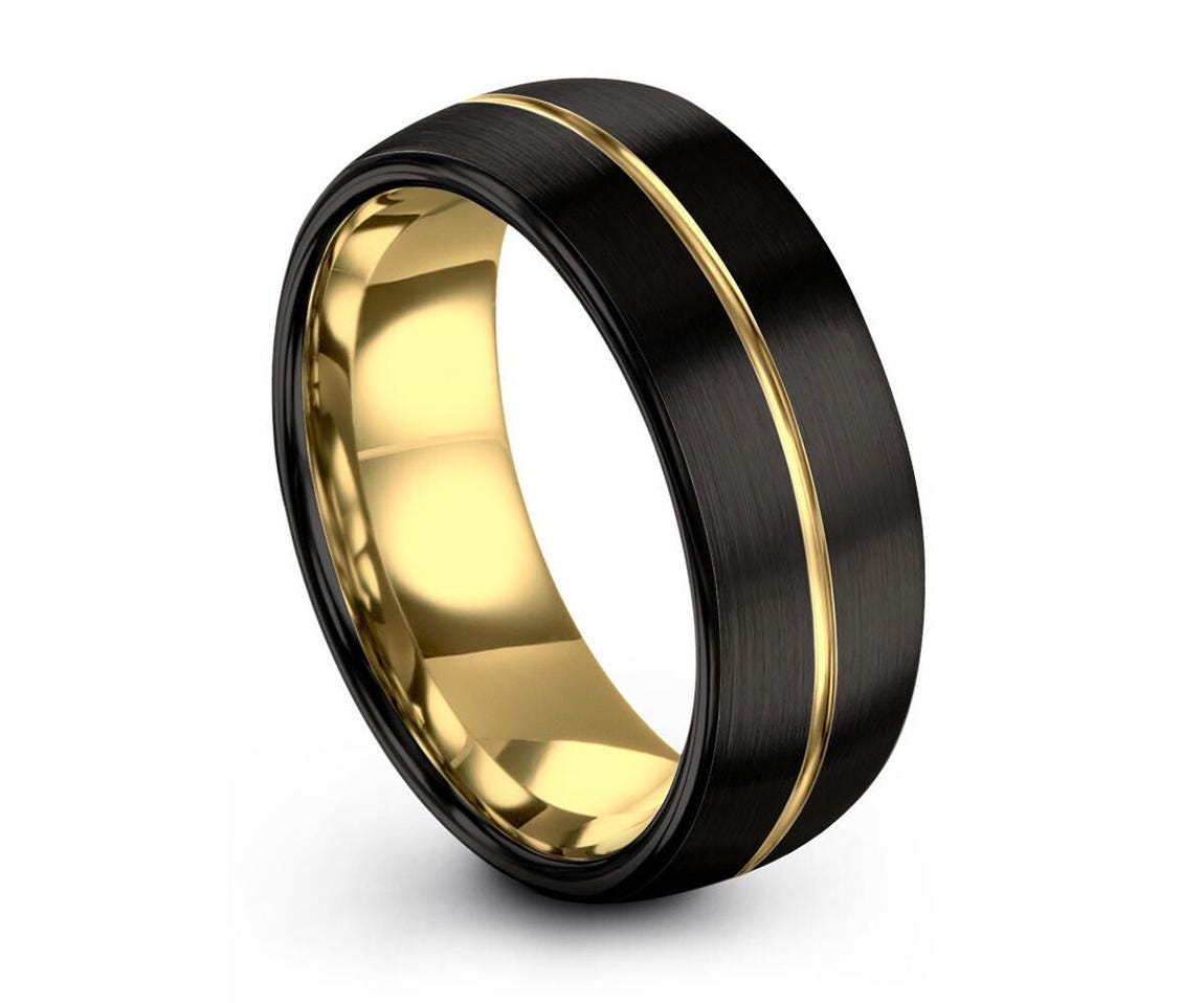 Black Wedding Band, Mens Ring, Gold Tungsten Ring, Promise Ring, Engagement Gifts For Couple, Anniversary Gifts For Girlfriend, Teacher Gift