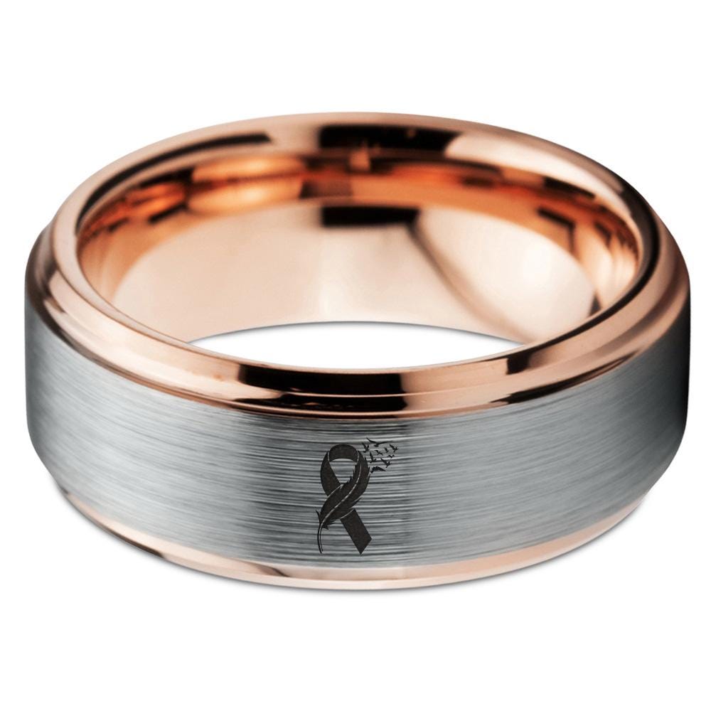 Breast Cancer Awareness Band with Engraved, Cancer Ribbon Ring, Cancer Strength Ting, 18K Rose Gold Ring, Tungsten Ring for Girl, 8mm Ring