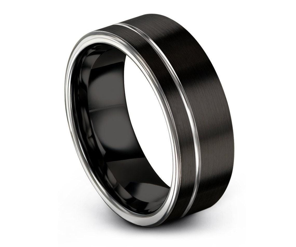 Flat Cut Tungsten Ring, Men's Black Wedding Band, Anniversary Gift Idea, Personalized Gifts for Him, Engraved Laser Ring, Free Fast Shipping