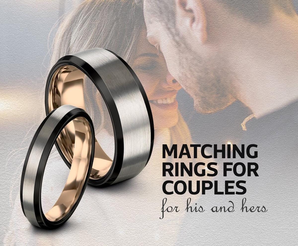 Mens Wedding Band Black, Rose Gold Tungsten Ring, Birthday Gifts For Him, Anniversary Gifts For Boyfriend, Christmas  Gift For Him